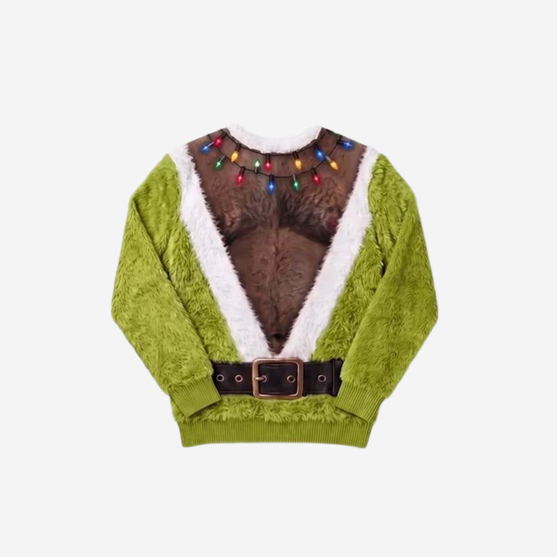 Green ugly Christmas pajama outfit with a printed skin and string lights design on soft fleece