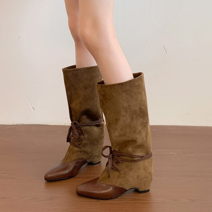 Retro Pointed-Toe Lace-Up Boots Women's Wide-Top High-Heel Knights Boots