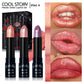 Set of three metallic pearl glitter lipsticks in black tubes marked Cool Story