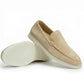 Sand suede slip-on loafer with a rounded toe and a thick pale sole, size 41 option