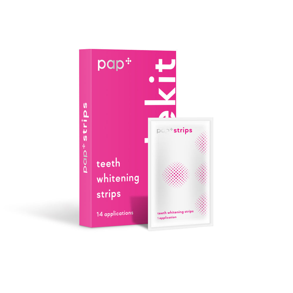 Pink PAP+ teeth whitening strips carton with a sachet in front, marked 14 applications