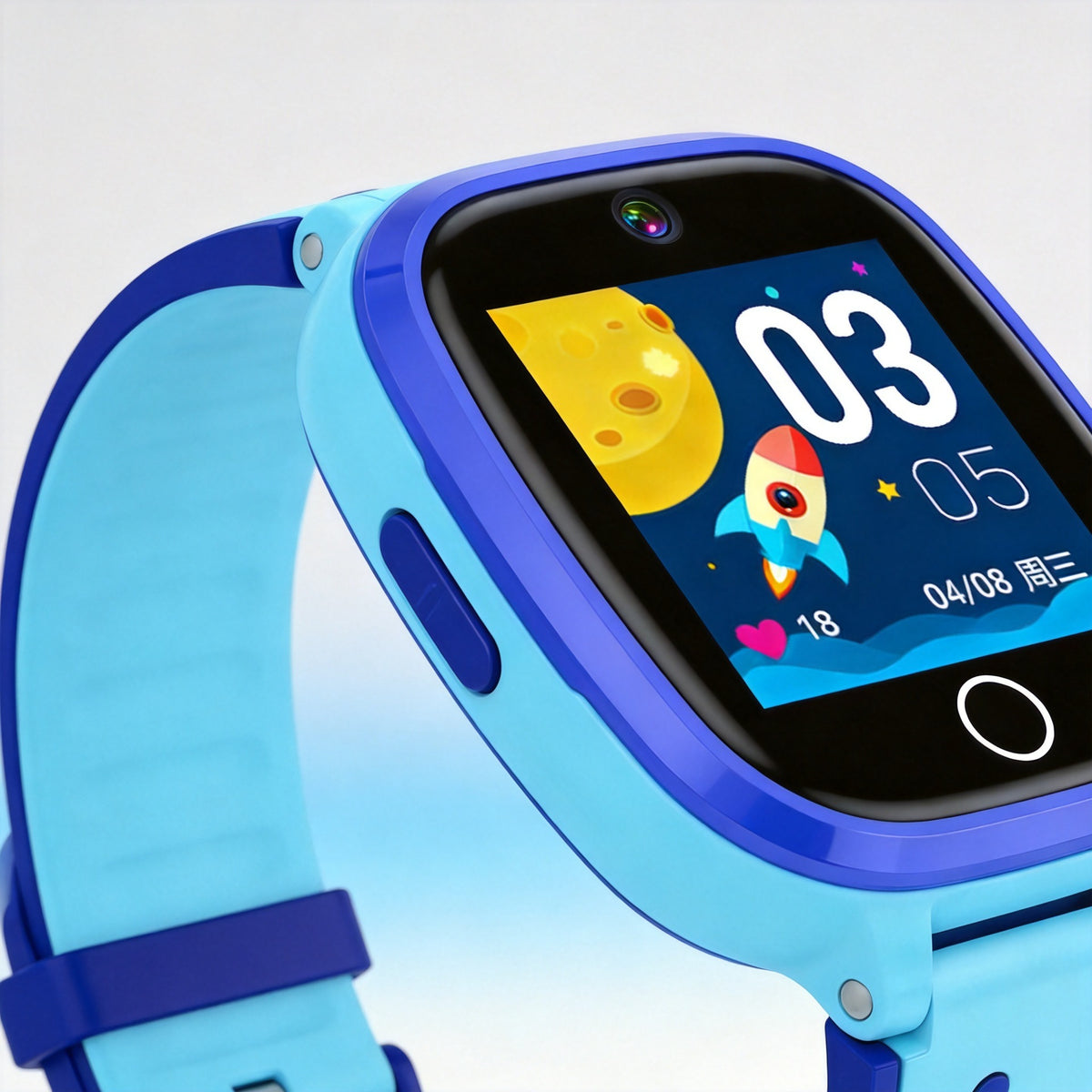 Close up of a blue children's smart watch with a rocket and moon watch face and a side button