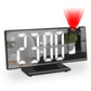 Black projection alarm clock on a nightstand with tall white LED time on the mirror