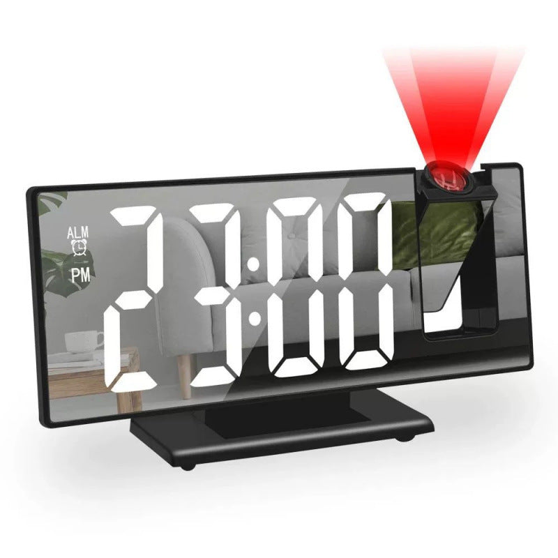 Black projection alarm clock on a nightstand with tall white LED time on the mirror