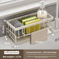 Carbon steel kitchen sink organizer with wire basket and a side cloth rod on the counter