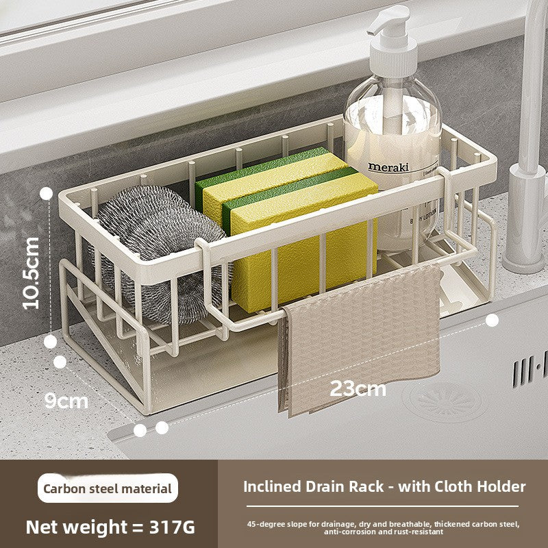 Carbon steel kitchen sink organizer with wire basket and a side cloth rod on the counter