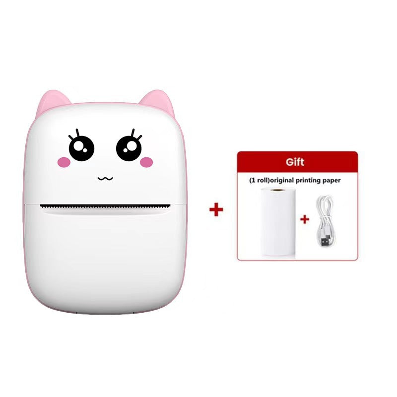 Pink cat ear thermal printer with a cat face beside a gift box holding a paper roll and cable, X1 pink option