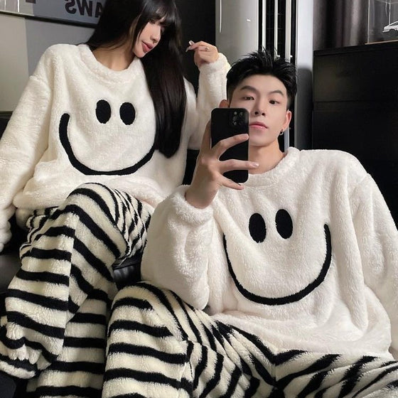 Coral Fleece Couple Pajama Set with Smiley Face Pullover and Striped Pants