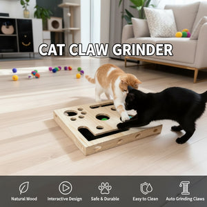Side profile of the wooden cat maze toy showing the raised carved edges