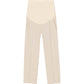 Flat lay of apricot maternity cropped trousers with a high curved belly panel and crease