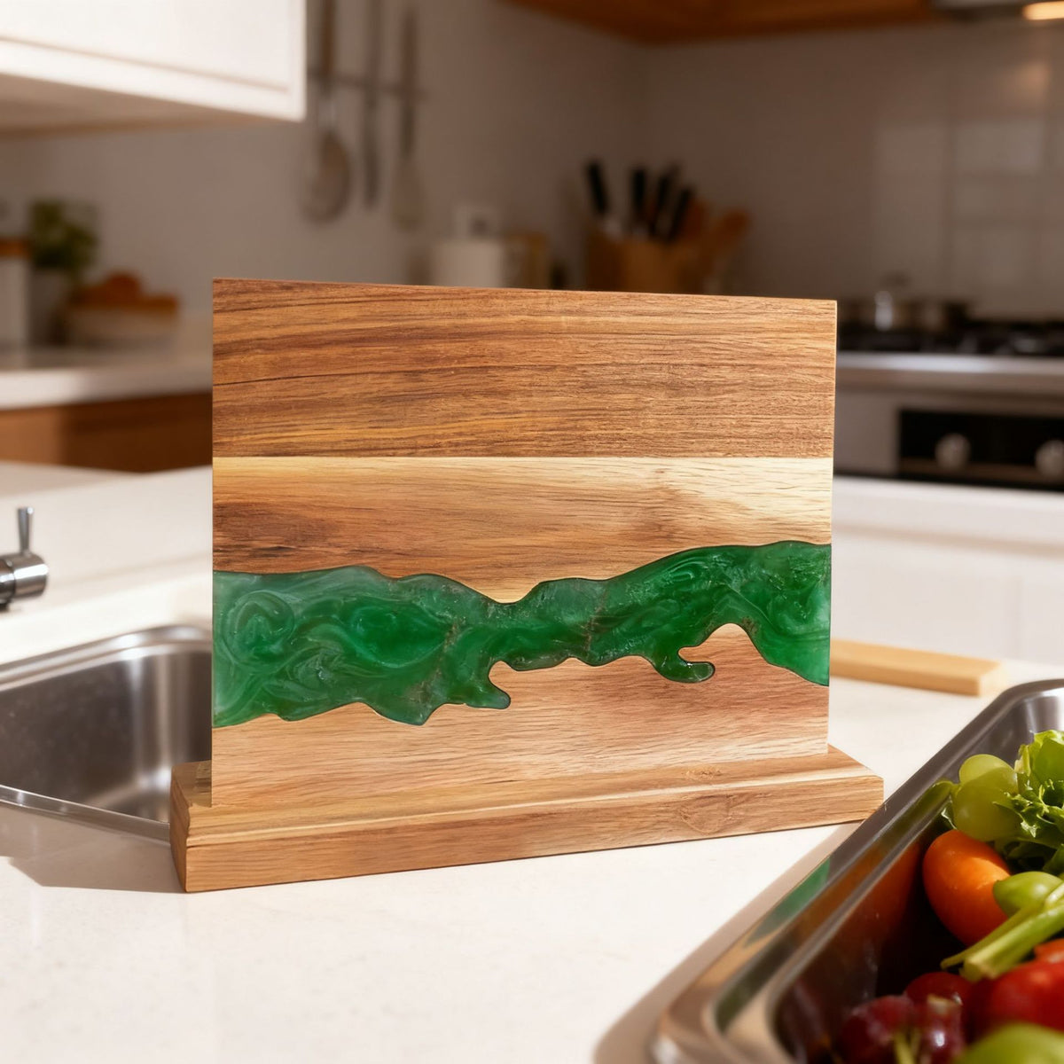 Double sided magnetic knife holder slab of wood and resin shown on a kitchen counter