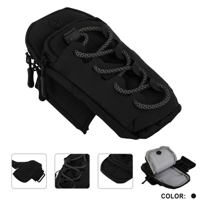 Black sports arm bag with laced silver grey cord, zip pulls, armband and four detail views on white