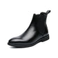 Black option photo of a glossy Chelsea boot in side view on white, pointed toe and pull tab, size 41