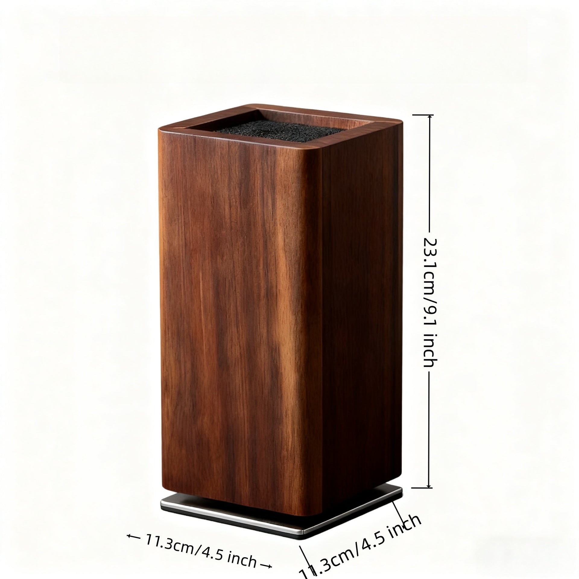 Acacia knife holder with size chart showing 11.3 by 11.3 by 23.1 centimeter dimensions