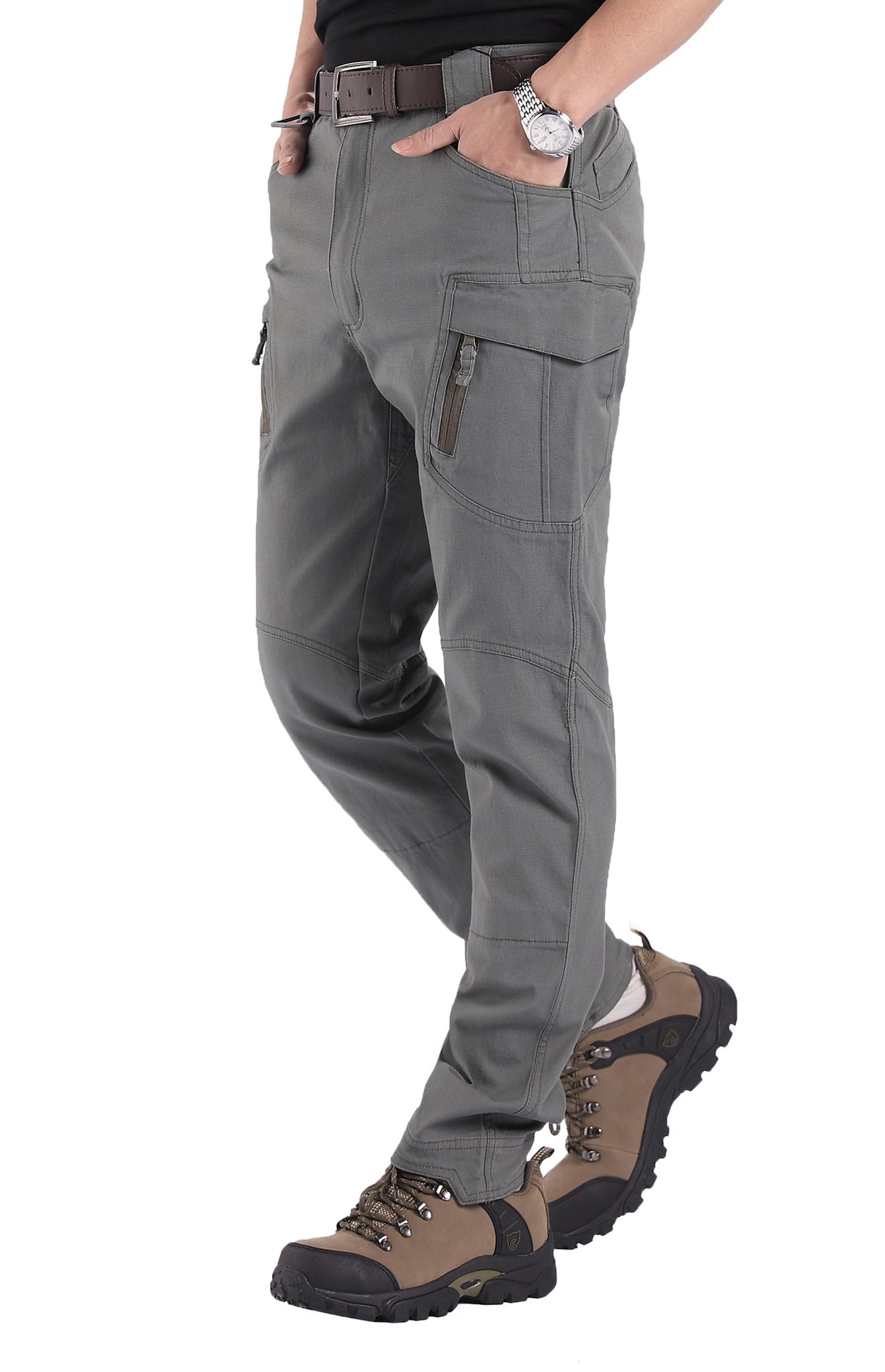 Grey cotton tactical cargo pants front view with zip flap pocket, size XL option