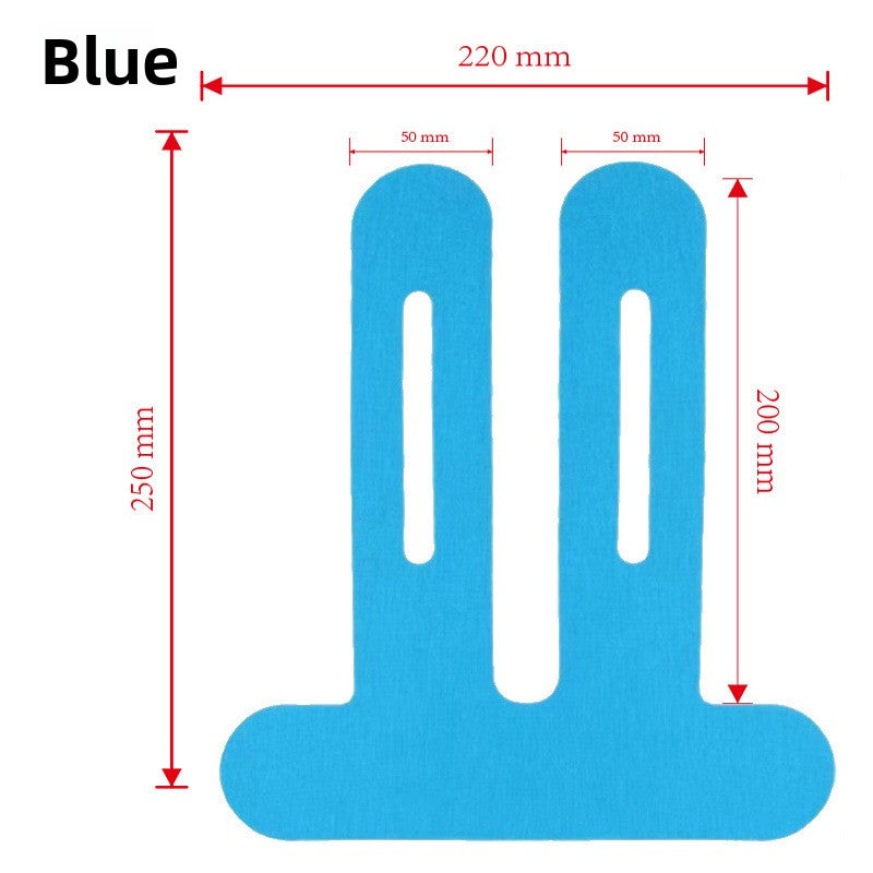 Light blue pre-cut knee tape piece with printed dimensions in millimetres