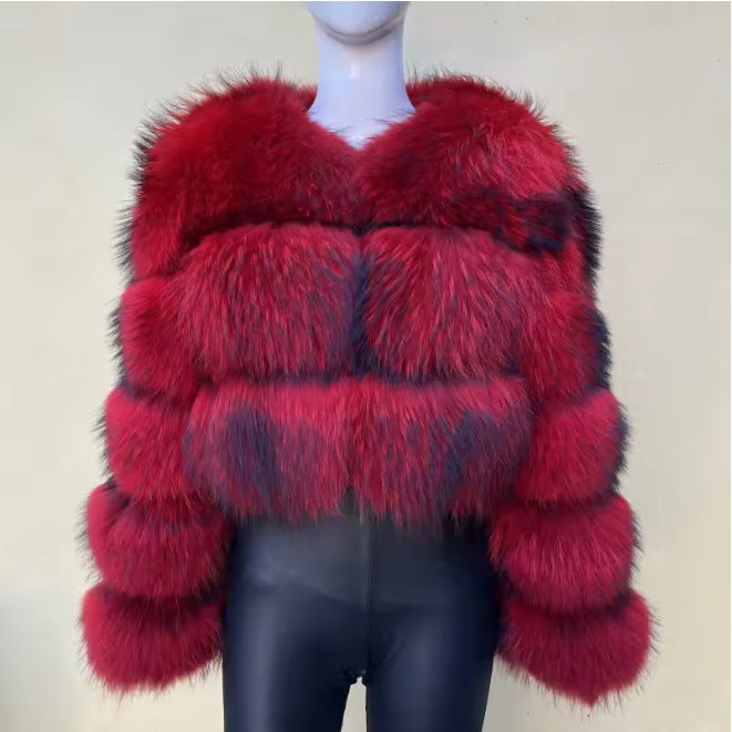 Crimson Red cropped banded fur coat, 3-Sleeve 5-Section layout, size 2XL