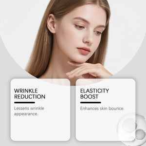Skincare feature image of a model with glowing skin beside two benefit panels