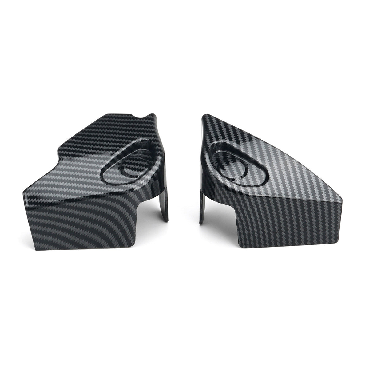 Pair of glossy carbon fiber pattern plastic shock absorber covers from two angles, carbon pattern option