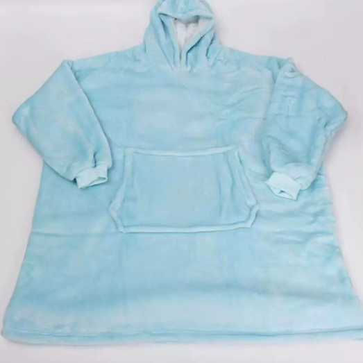 Sky blue thickened flannel hooded wearable blanket with front pocket, size 90x120 cm 750 g