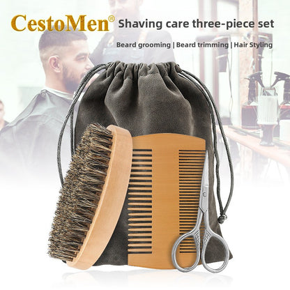CestoMen three piece beard set, lotus wood comb, boar bristle brush, scissors and bag