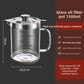 Glass oil filter pot of 1500 ml shown with its height of 18 cm and width of 12.5 cm