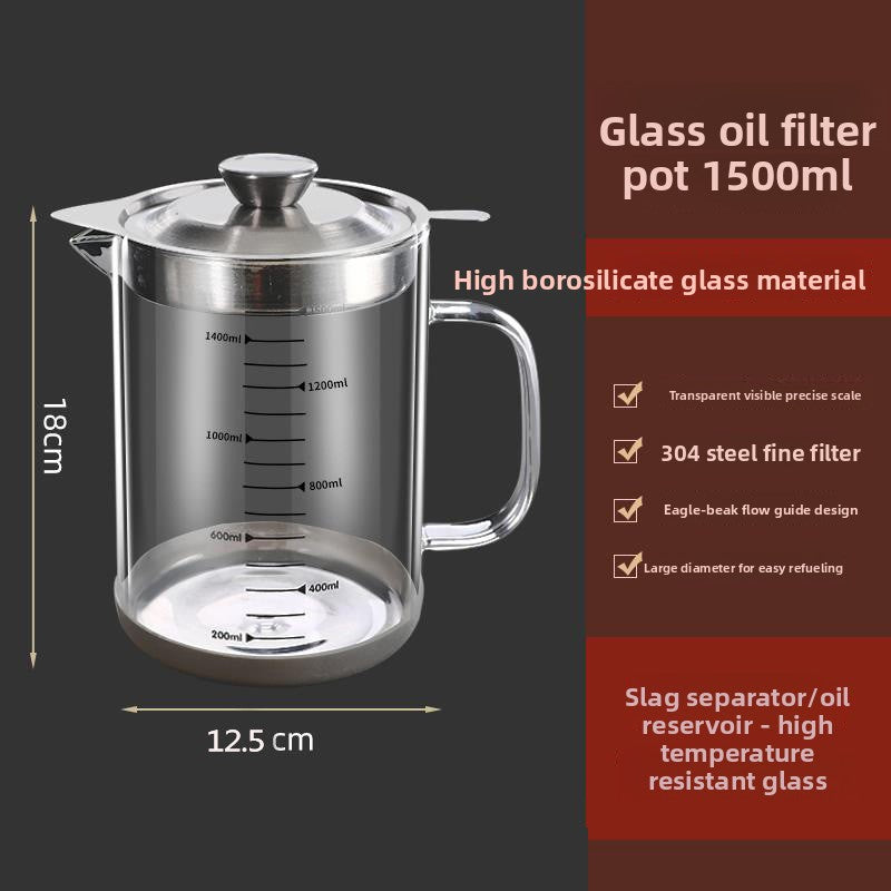 Glass oil filter pot of 1500 ml shown with its height of 18 cm and width of 12.5 cm