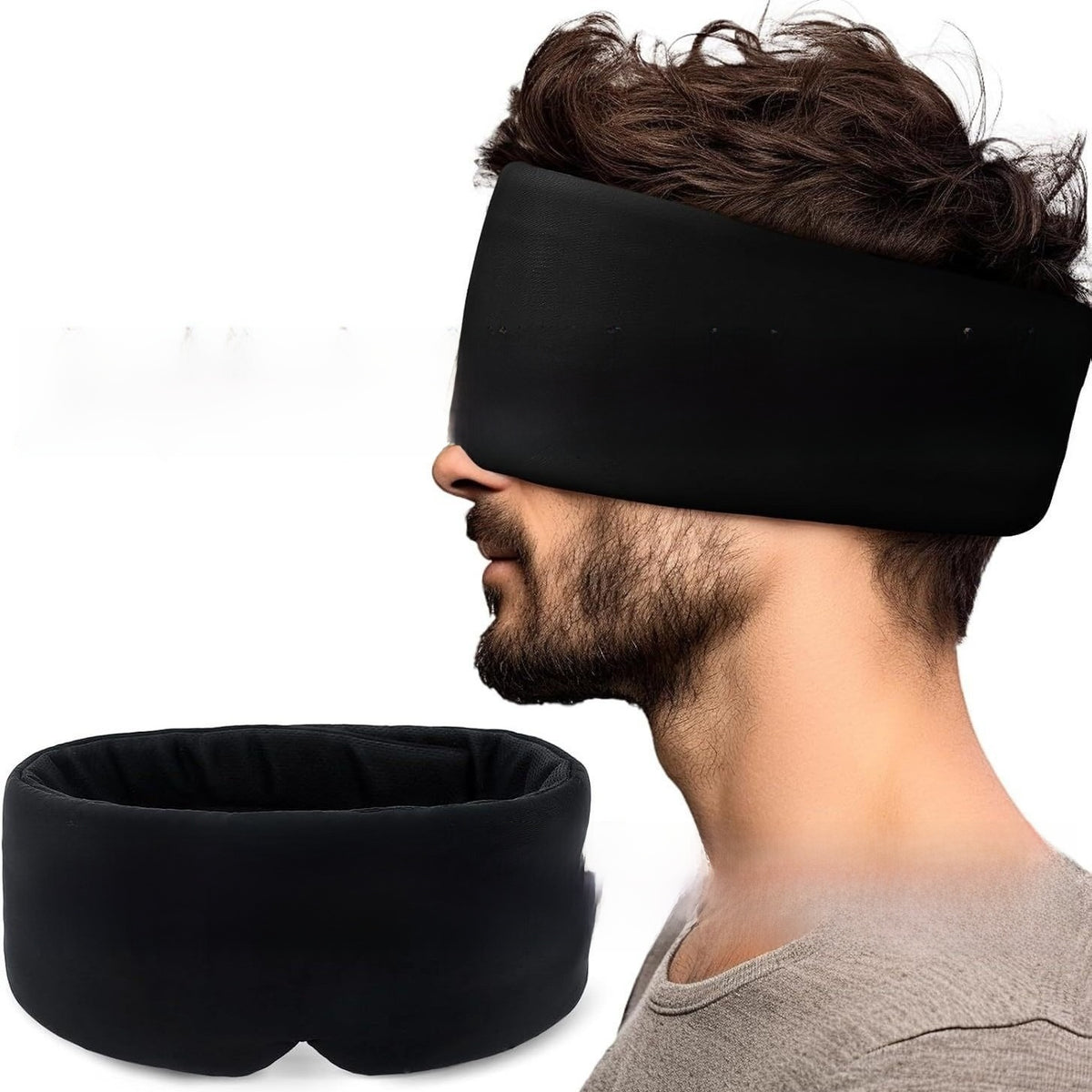 Man in profile wearing a wide black long sleep eye mask, with a second long mask band shown below him