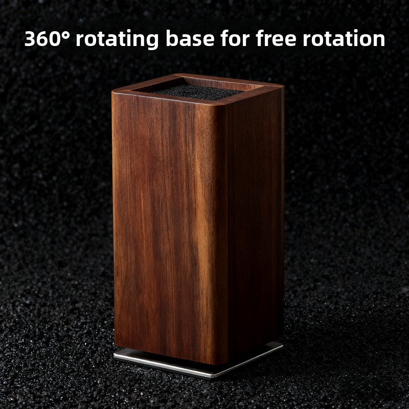 Walnut toned acacia knife block with black bristle insert and stainless rotating base