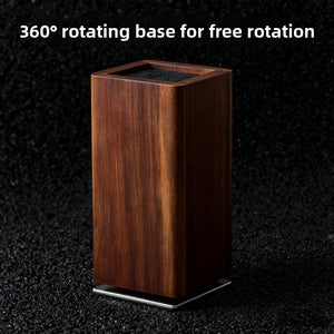 Walnut toned acacia knife block with black bristle insert and stainless rotating base