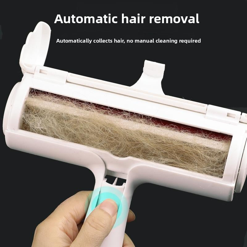Reusable pet hair remover roller open head showing collected fur in the chamber
