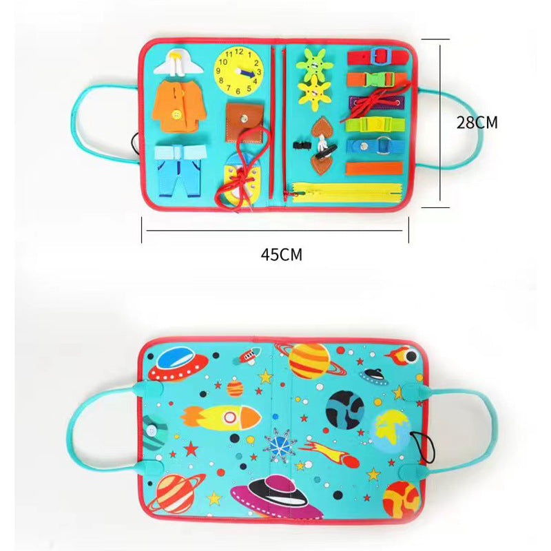 Open felt busy board dressing panel with zipper, buttons, buckles and shoelace beside the space picture back