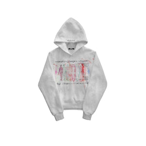 Close up of the graffiti print on the white hoodie fabric