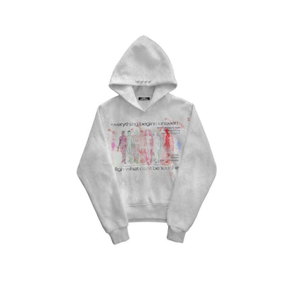 Close up of the graffiti print on the white hoodie fabric