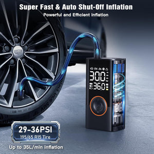 Cordless tire inflator standing beside a car wheel, hose on the valve, digital screen lit against the tread