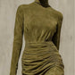 Torso view of the olive green dress showing the mock neck, long sleeves and ruched skirt at the waist