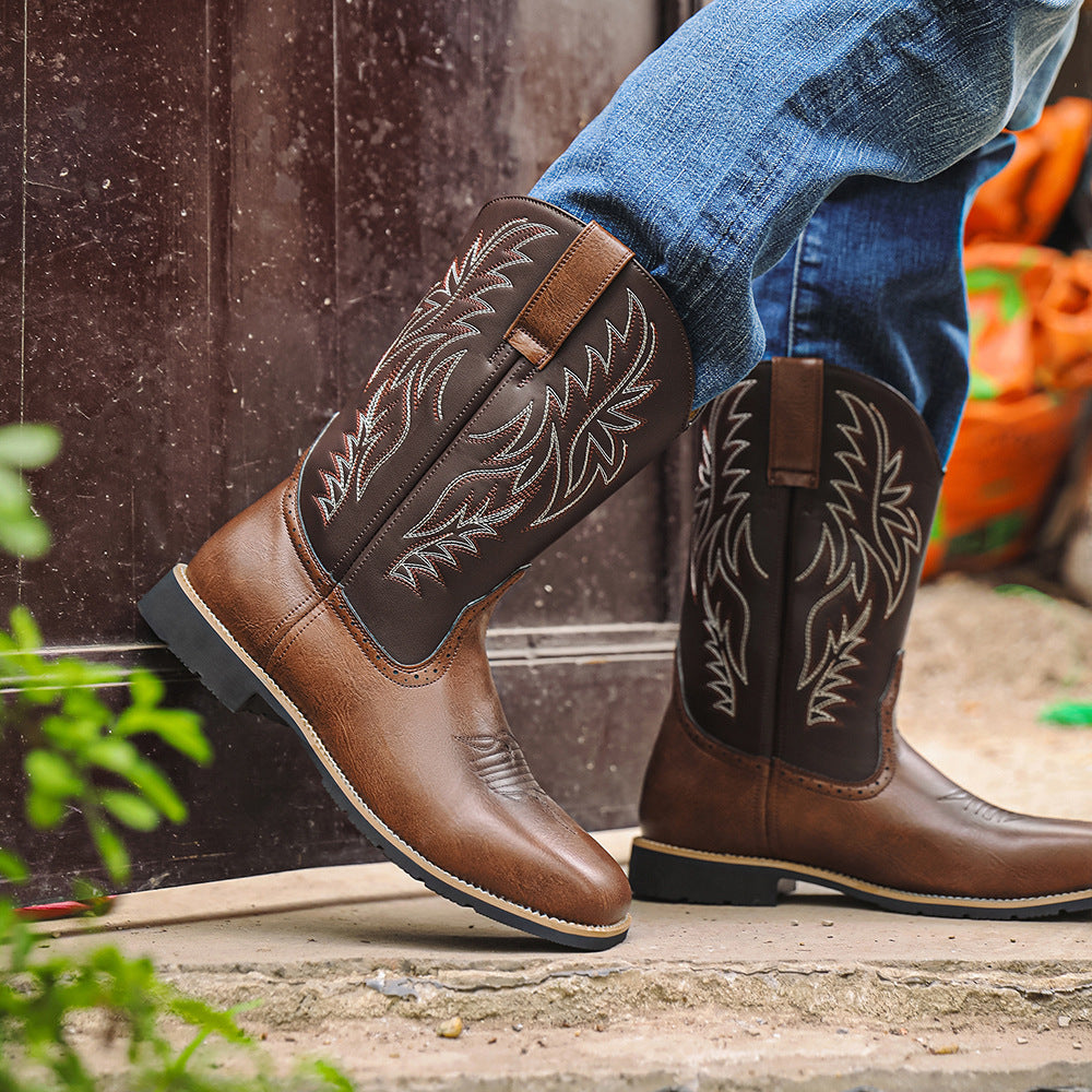Mens dark brown pull-on western boots mid-calf shaft with tonal embroidery
