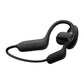 Black open-ear Bluetooth headset with a camera lens on the earpiece and a rear band, three-quarter view on white