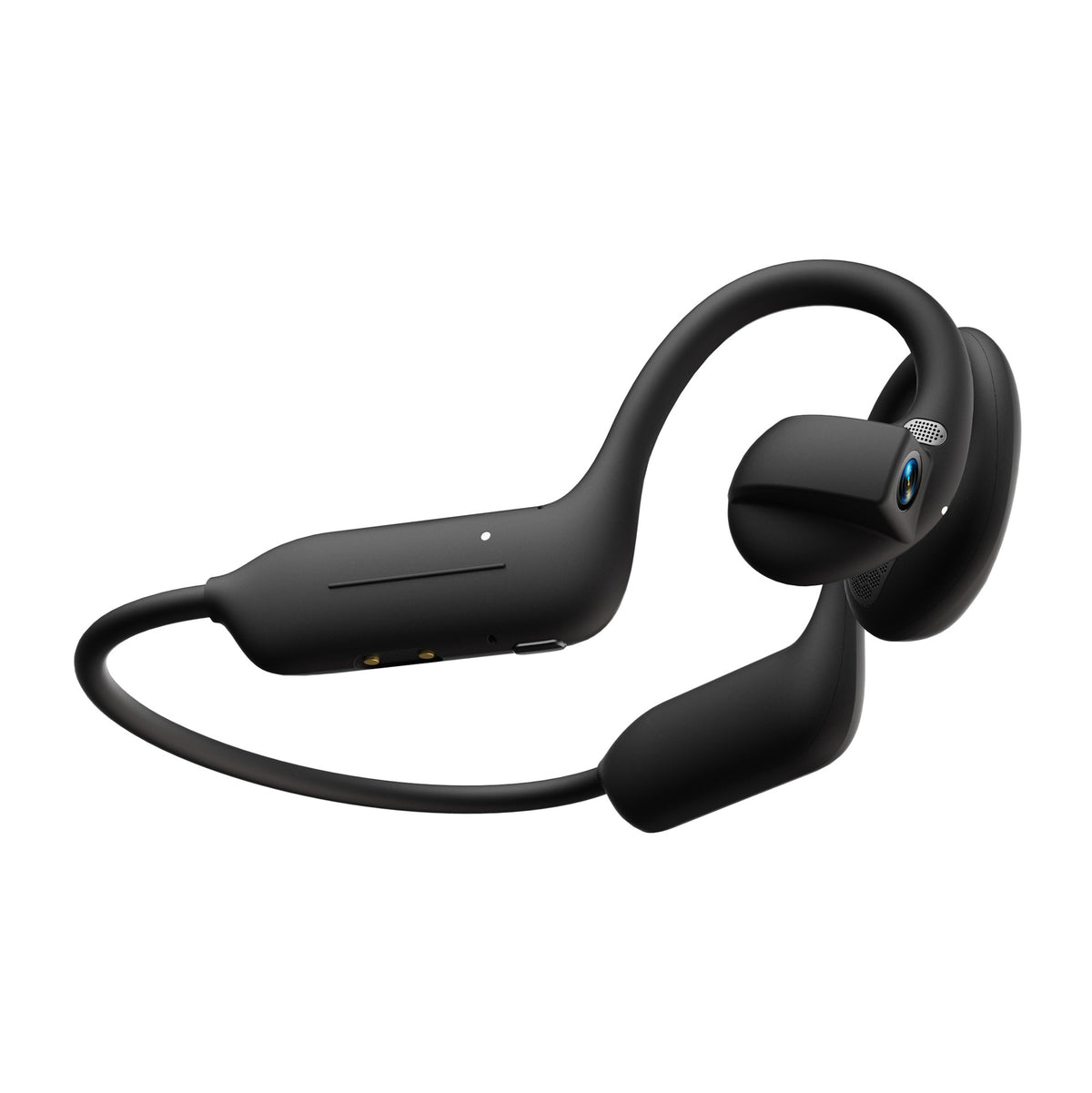 Black open-ear Bluetooth headset with a camera lens on the earpiece and a rear band, three-quarter view on white