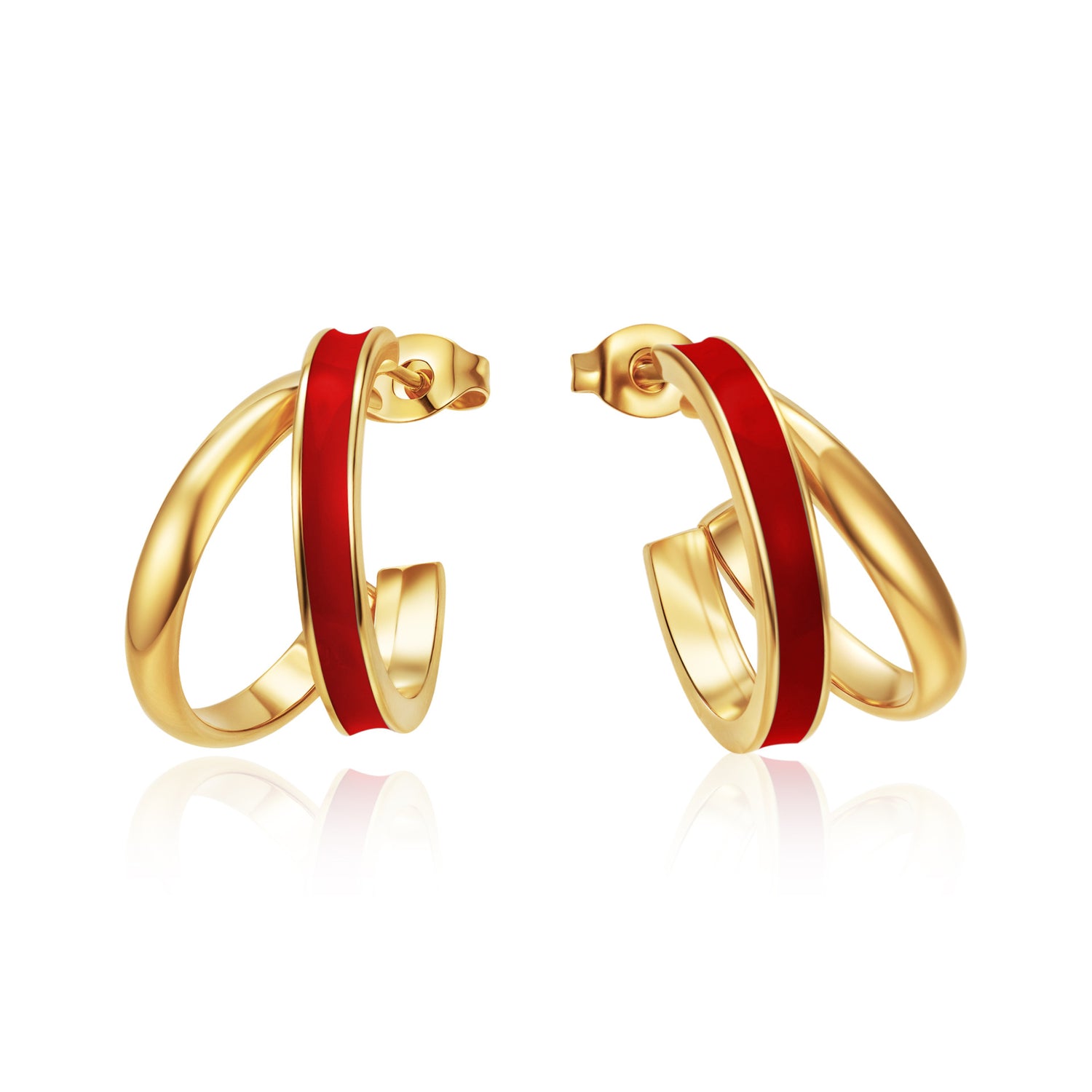Double band gold plated C hoop earring with glossy enamel line beside the post