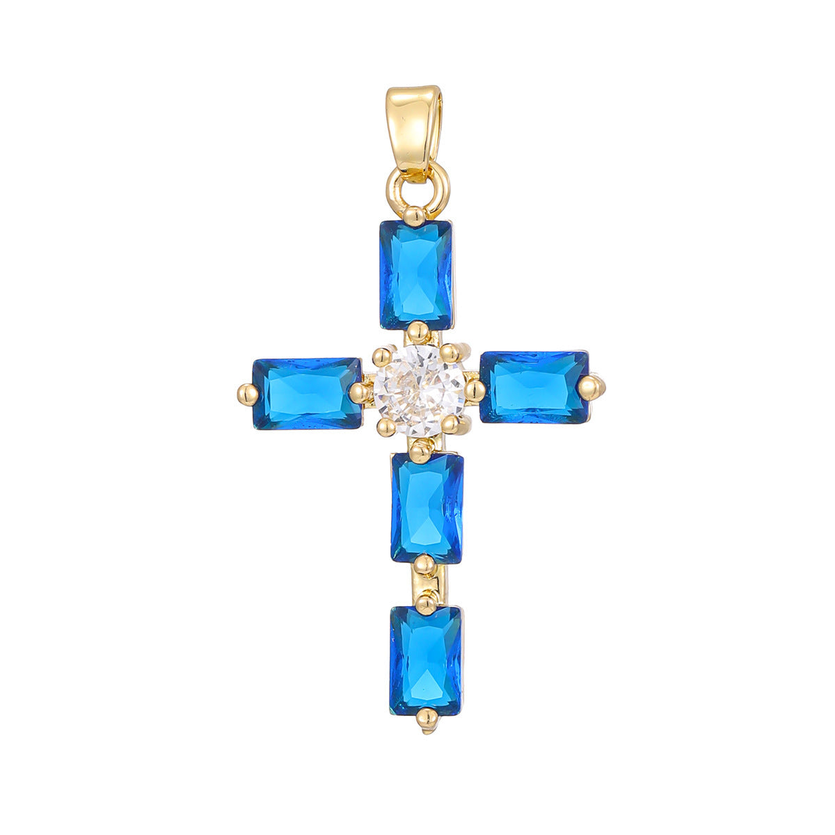 Cross pendant set with purple cubic zirconia on a delicate plated chain, studio shot