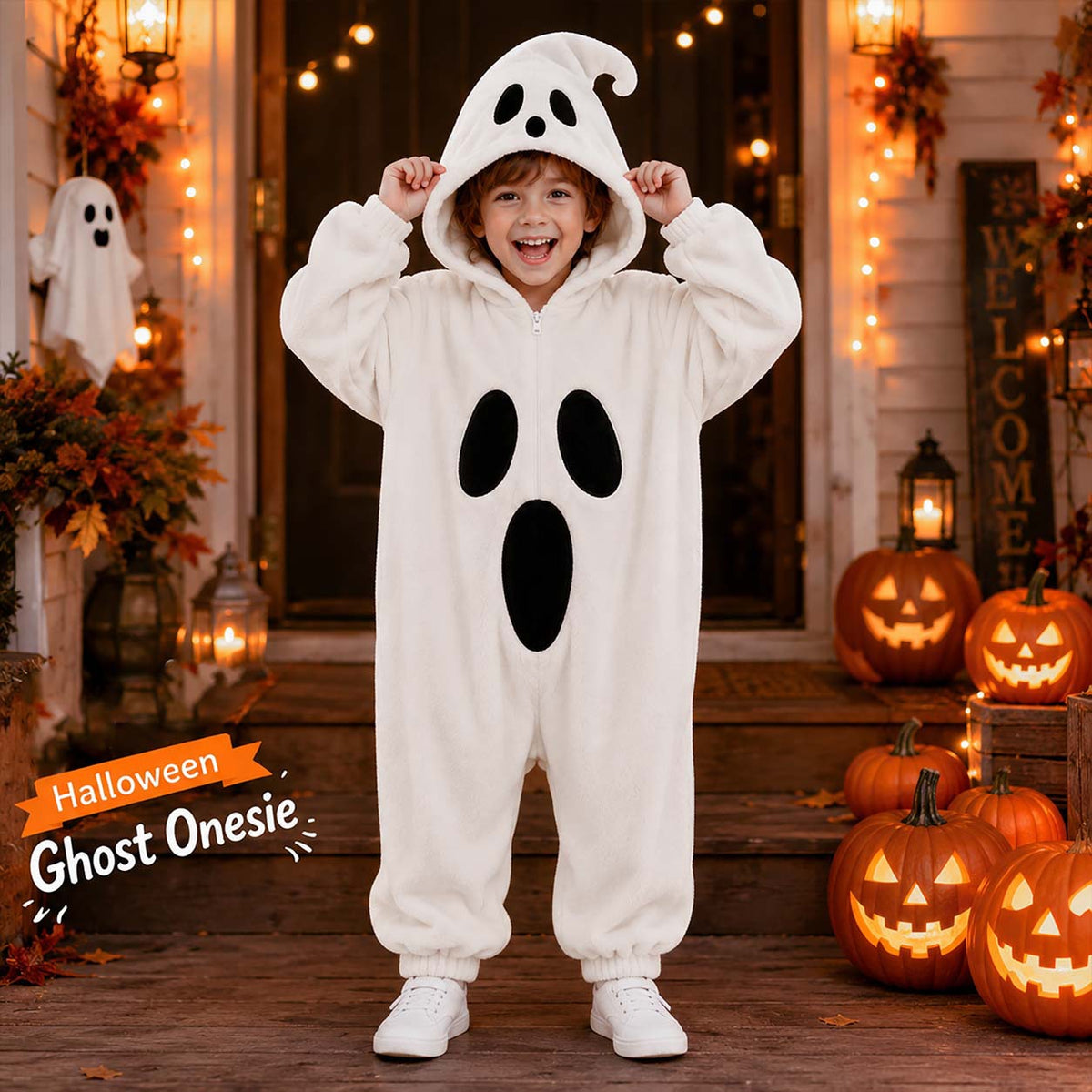Smiling boy in a white plush ghost onesie with the hood up on a Halloween porch with pumpkins