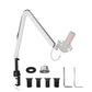 White aluminum microphone boom arm angled toward a ghost mic with clamp and adapters shown