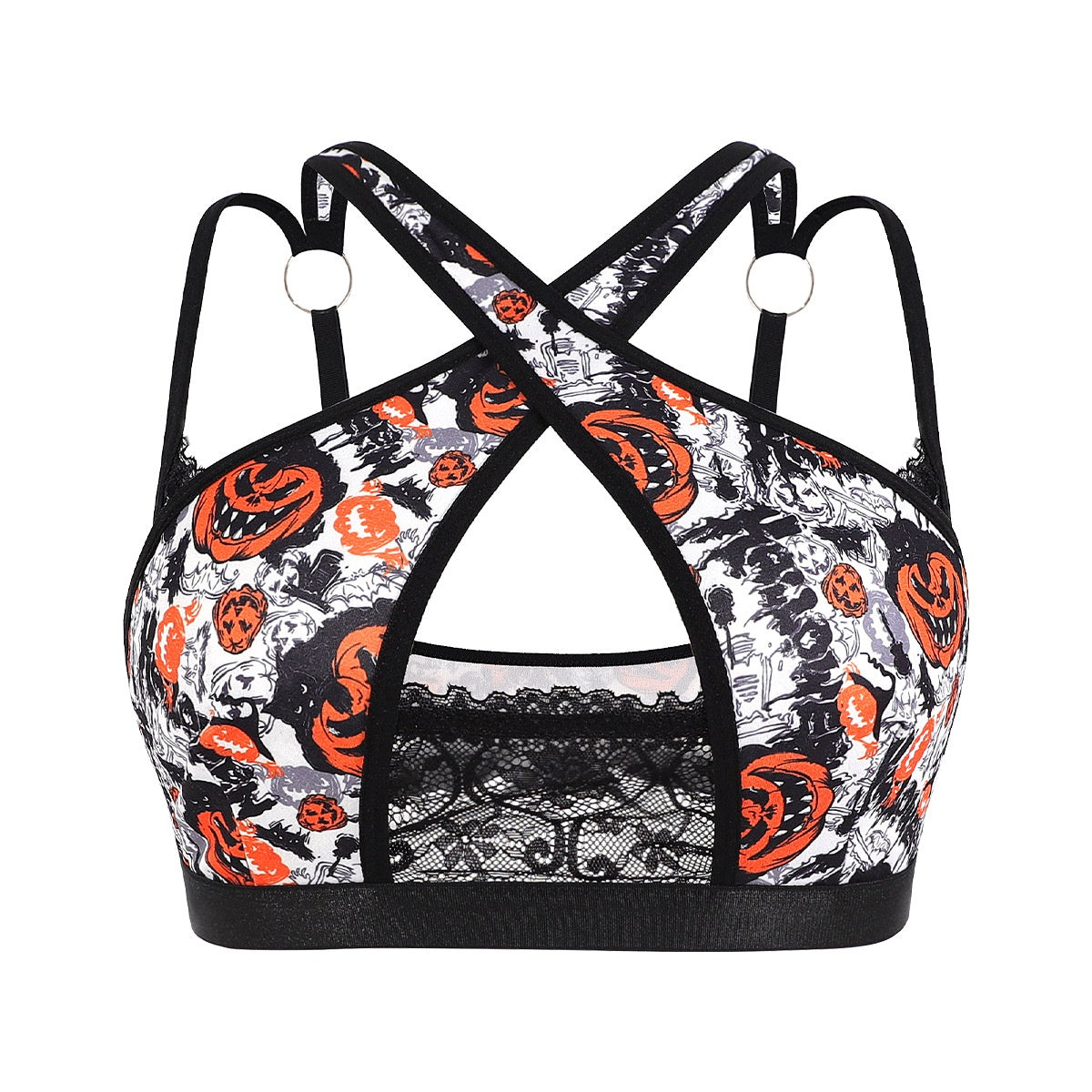 White bra with orange pumpkins and black graphics, keyhole and black lace panel, Evil cat pumpkin option, size S