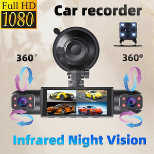 Dual lens dash cam side profile showing the slim mount that sits behind the mirror