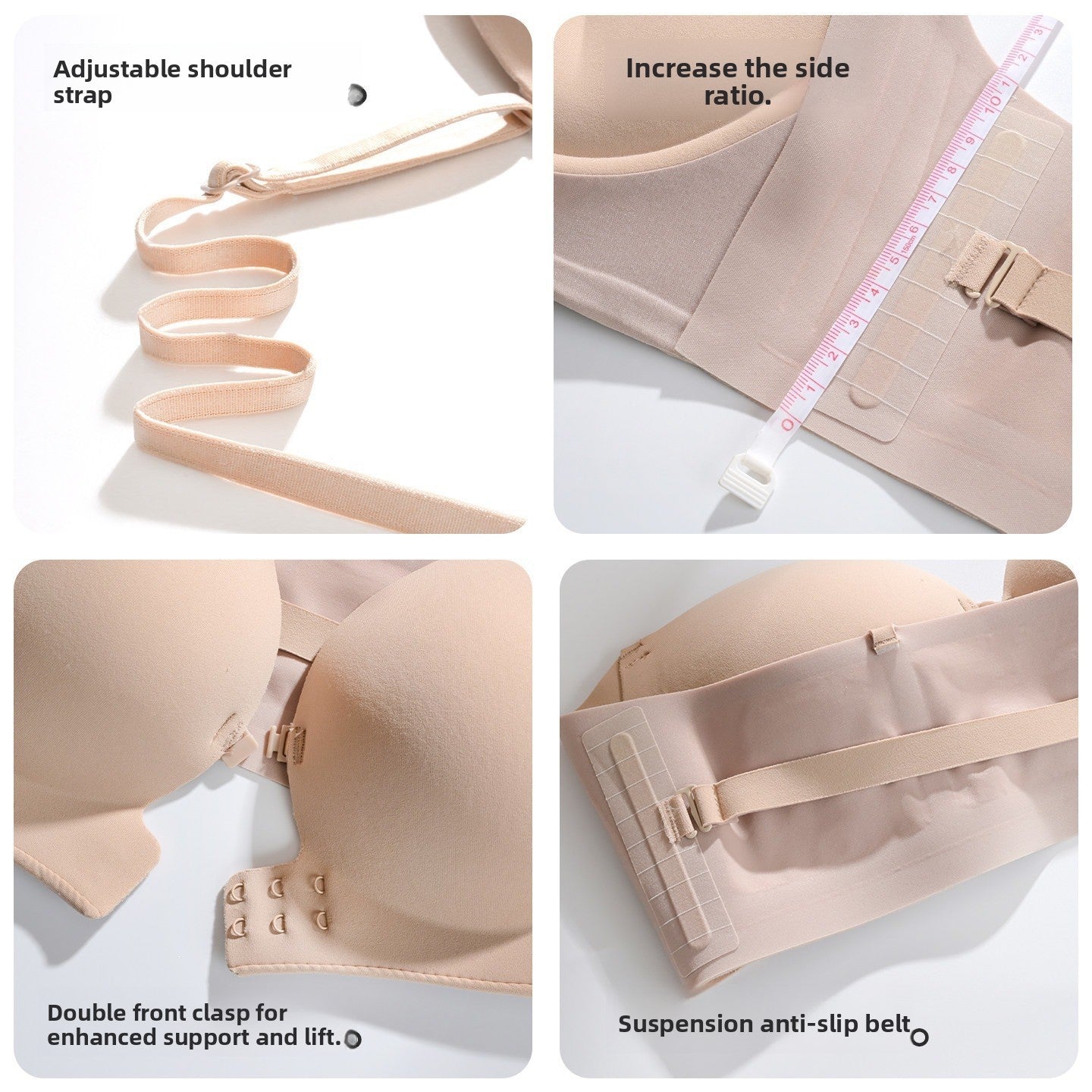 Close view of the double front clasp closure at the center of a strapless molded cup bra