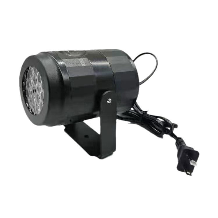 Black LED projector lamp on a stand projecting orange Halloween ghosts, bats and pumpkins