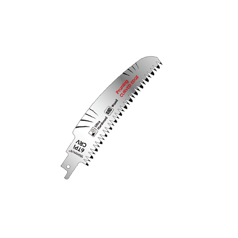Curved reciprocating saw blade fitted to a power saw cutting through a wooden log outdoors