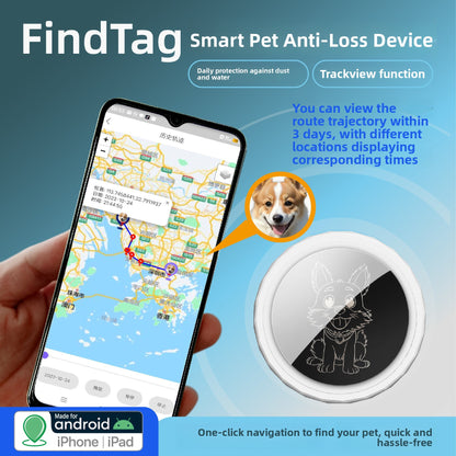 FindTag Bluetooth finder tag shown as a white disc beside a phone app on screen