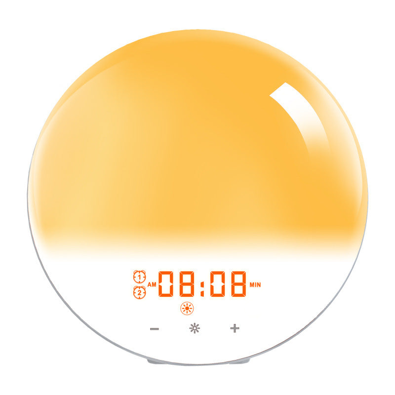 Round wake-up light alarm clock lit in seven different mood colors shown in a row